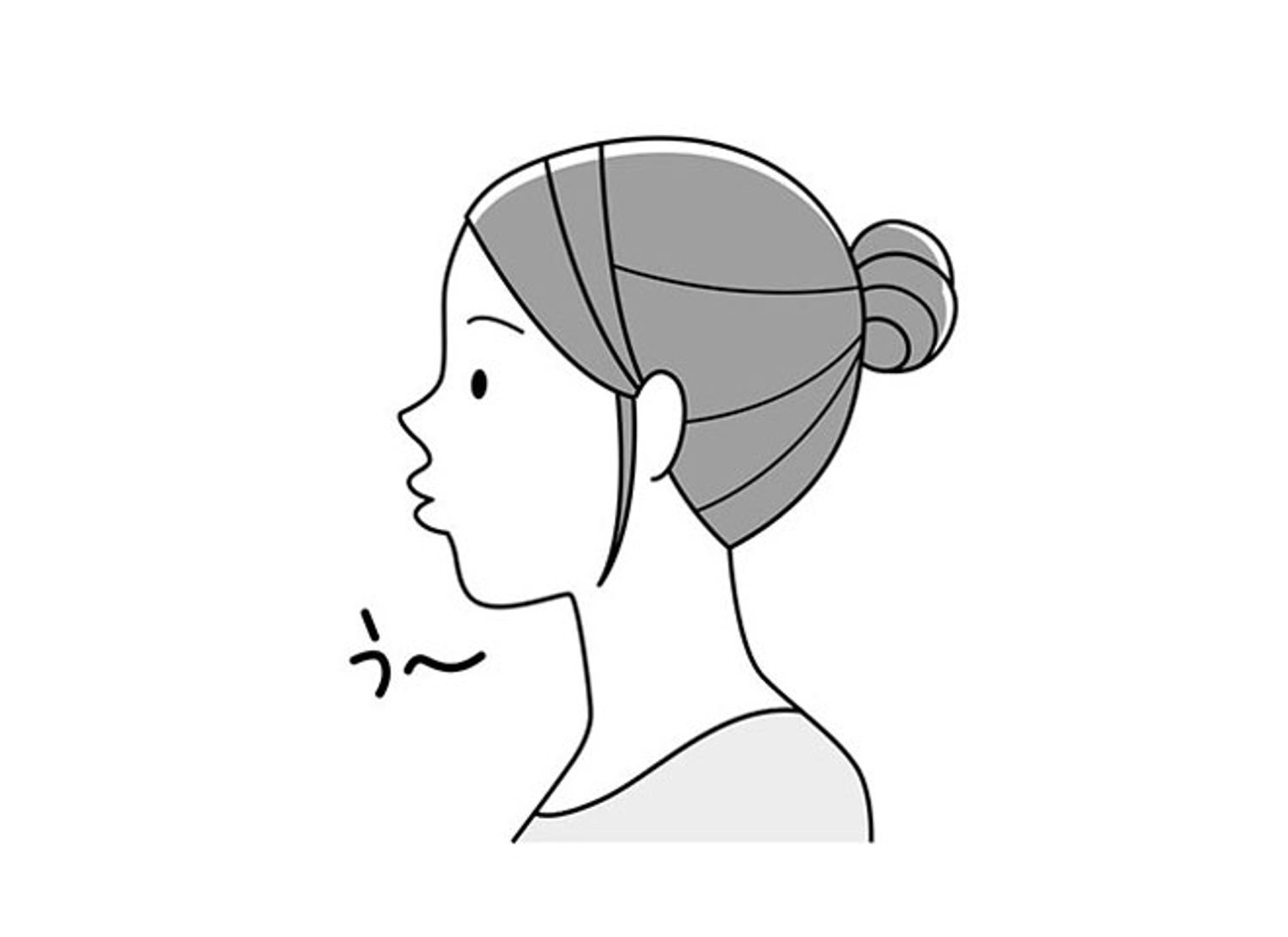 3．唇をすぼめて突き出しながら「うー」と声を出す。