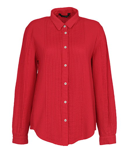 ヤッコマリカルド赤ハイネック赤長袖トップス　コットン 布の彫刻」ともいわれるキルトの技法を用いた、ヤッコマリカルドの新作