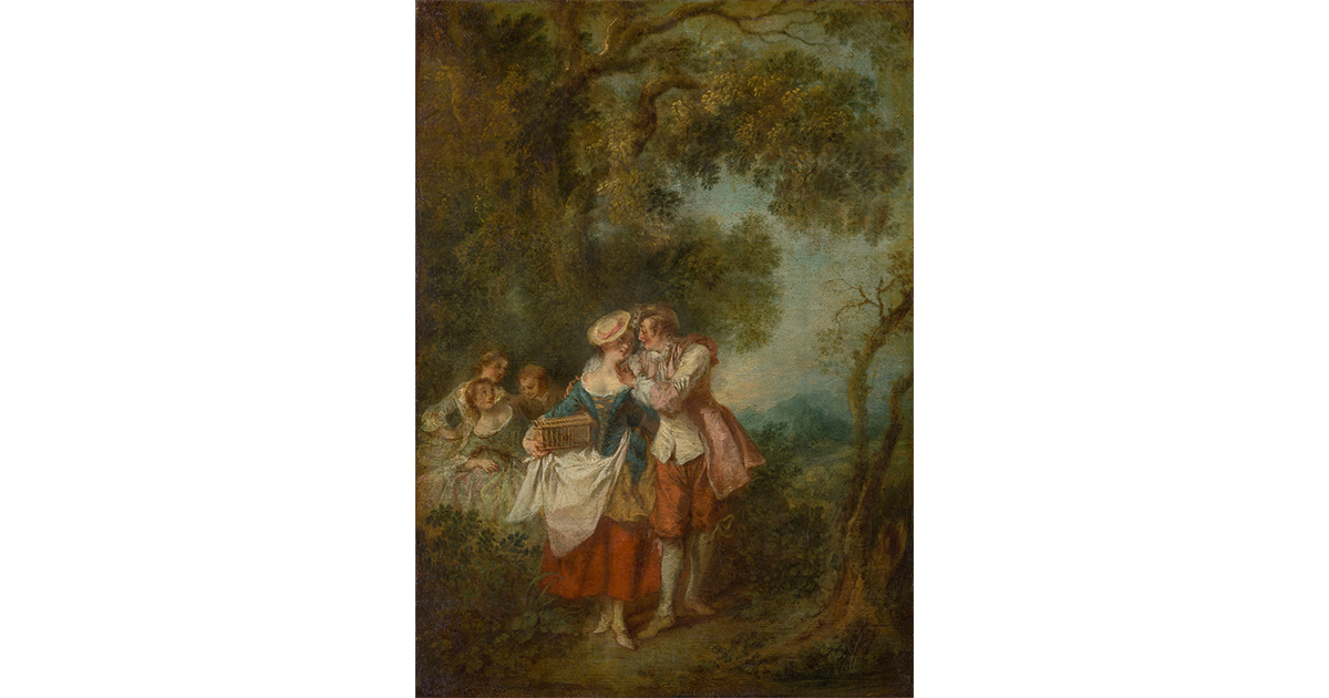 恋の虜」を暗示する鳥籠を胸に、田園での優雅な宴に興じる男女〈LOUVRE