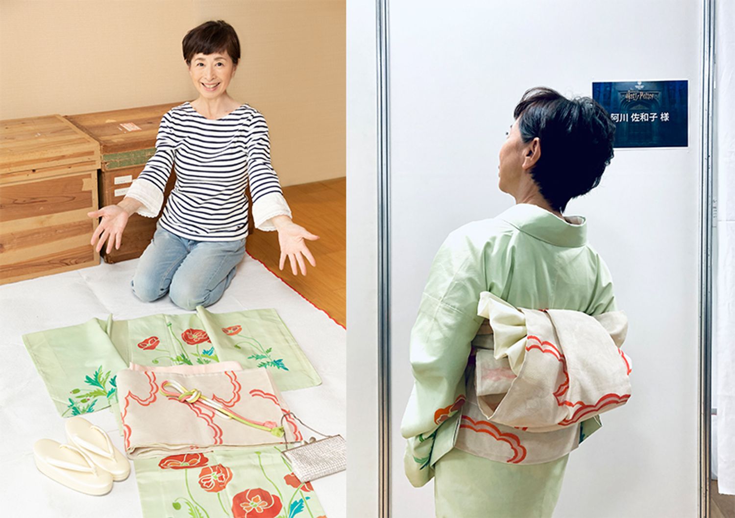 「いくらなんでも派手すぎるかしら……」と言いながらも、伯母様が描いたという訪問着に初めて袖を通す喜びに溢れる阿川さん。文庫結びの変形版“揚羽蝶結び”に、イッシーこと着付けの石山さんがアレンジ。