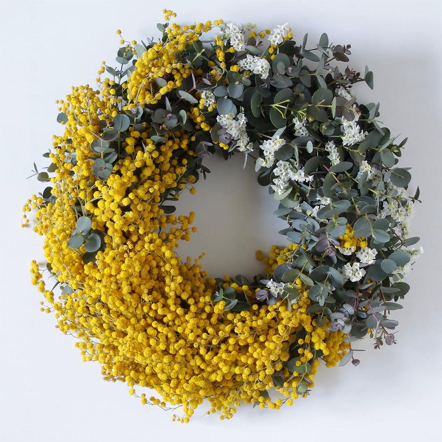 左側は銀葉アカシア、右側にユーカリ‘ミルフルール’と白のスターチス、とパート分けしたデザインのリースです。明るい黄色とユーカリのシックな葉色。その対比もまたおもしろいのではないかと思います。このリースも意外に人気が高いんですよ。木のつるで編んだリースベース（約20cm）を利用。