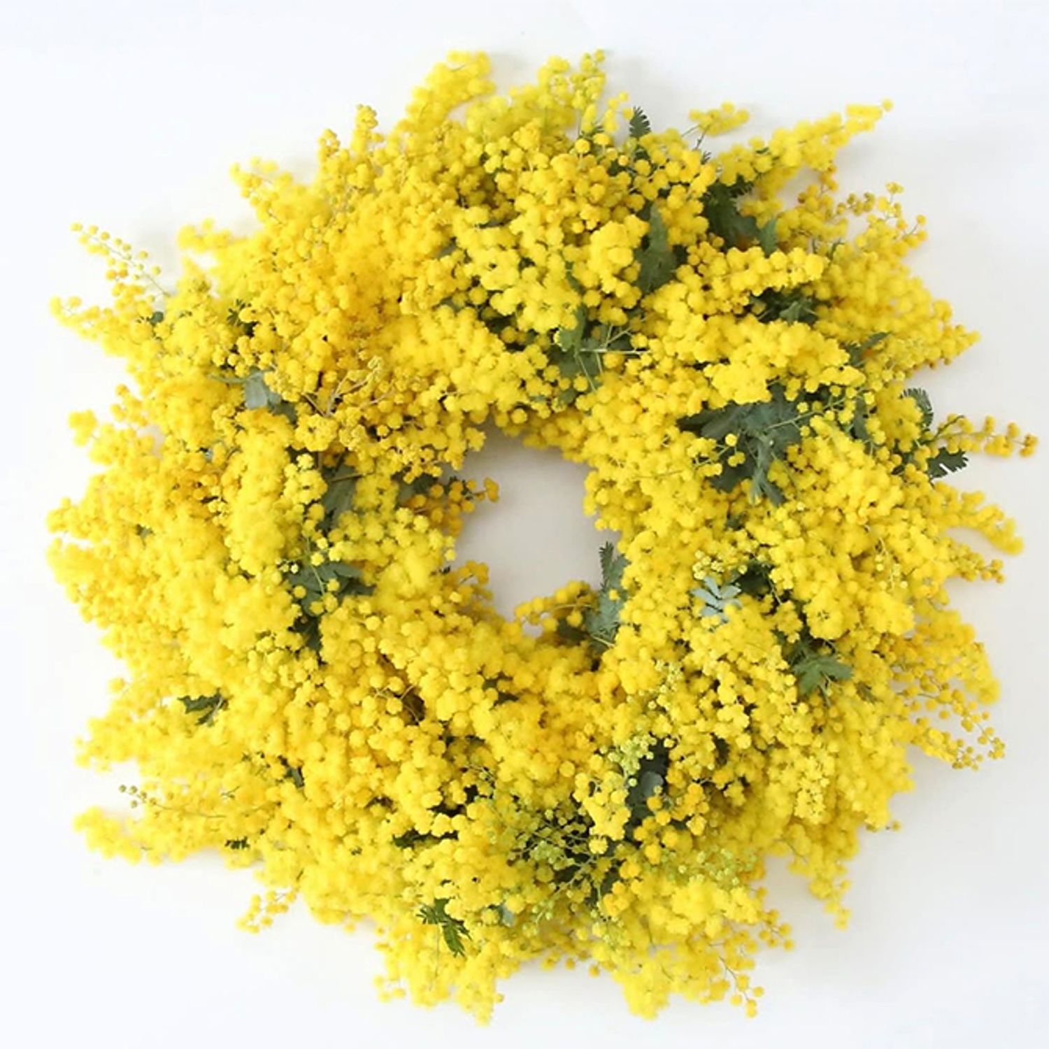 銀葉アカシアのリースです。銀葉アカシアは花房のつく枝が横に広がるため、円形のアウトラインから先端が飛び出します。きれいな円形にはなりませんが、花房の飛び出しに勢いが感じられ、躍動感のあるリースになります。木のつるで編んだリースベース（約20cm）を利用。