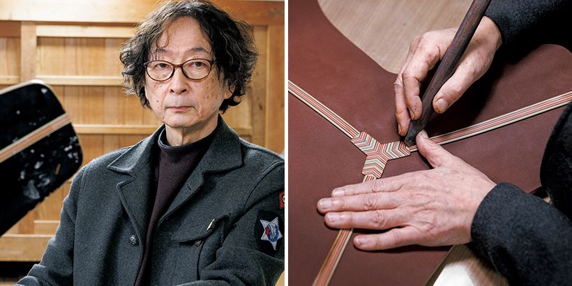 1960年香川県生まれ。香川県漆芸研究所研究 生課程修了。人間国宝の音丸耕堂氏に師事。写 真右は堆漆板を貼った後、文様の縁や接合部分 の角を丸く削っているところ。「椅子のフォル ムに合わせた堆漆板によるデザインとマットな 仕上げ、色彩がうまく調和したと思います」。