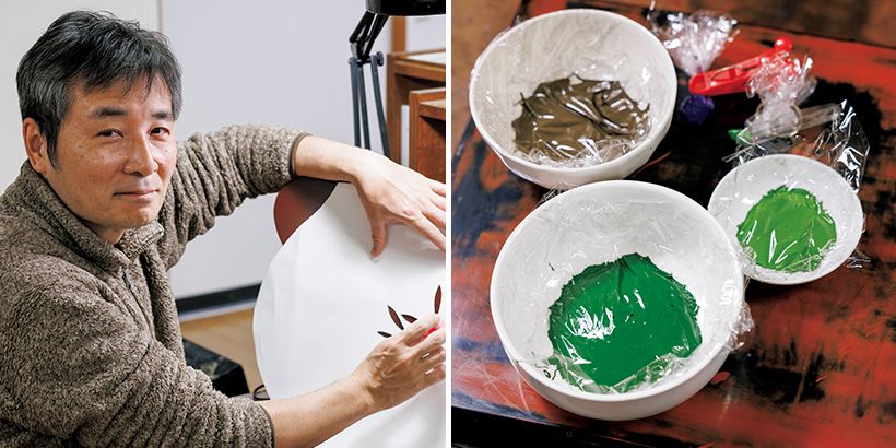 1973年香川県生まれ。蒔絵作家の家の4代目。 香川県漆芸研究所研究員課程修了。重要無形文 化財「蒟醤」保持者の太田 儔 ひとし 氏に師事。写真右 は自ら配合して用いた色漆の数々。「オリーブ の枝をのびのびと配置できてよかった。眺めて、 座って、穏やかな気持ちになってほしいです」。