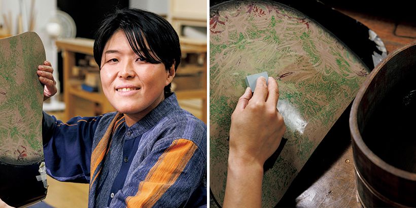 1980年奈良県生まれ。香川県漆芸研究所研究 生課程・研究員課程修了。写真右は砥石を用い て、表面の文様を研ぎ出しているところ。「円 の一部は月を連想する人が多いかもしれません が、特定のモチーフはありません。自由に想像 して楽しんでいただければと思います」。