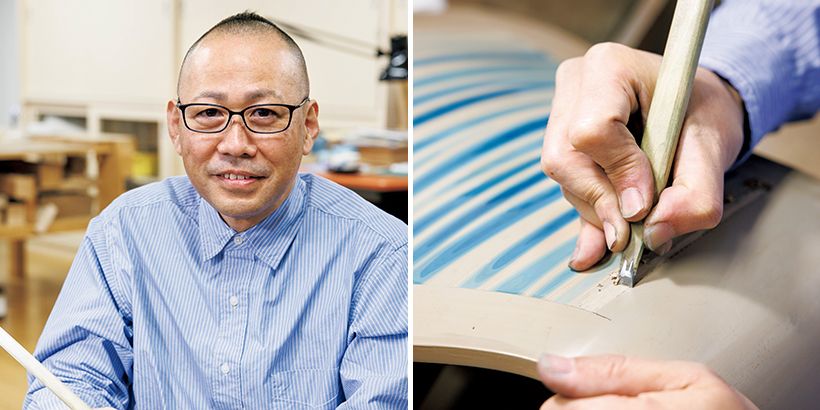 1967年香川県生まれ。香川県漆芸研究所研究 生課程修了。漆芸家北岡省三氏、重要無形文化 財「彫漆」保持者（人間国宝）の音丸耕堂氏に師事。 写真右は30回塗り重ねた色漆の層を彫ってい る様子。「世界に名高いデンマークの椅子と香 川漆芸の融合に新たな可能性を感じました」。