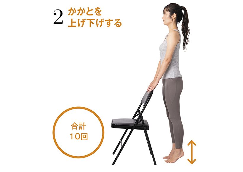 足の親指で床を押し、かかとを高く持ち上げる。できるだけ高く上げたら5秒キープし、ゆっくり1に戻る。これを合計10回くり返す。