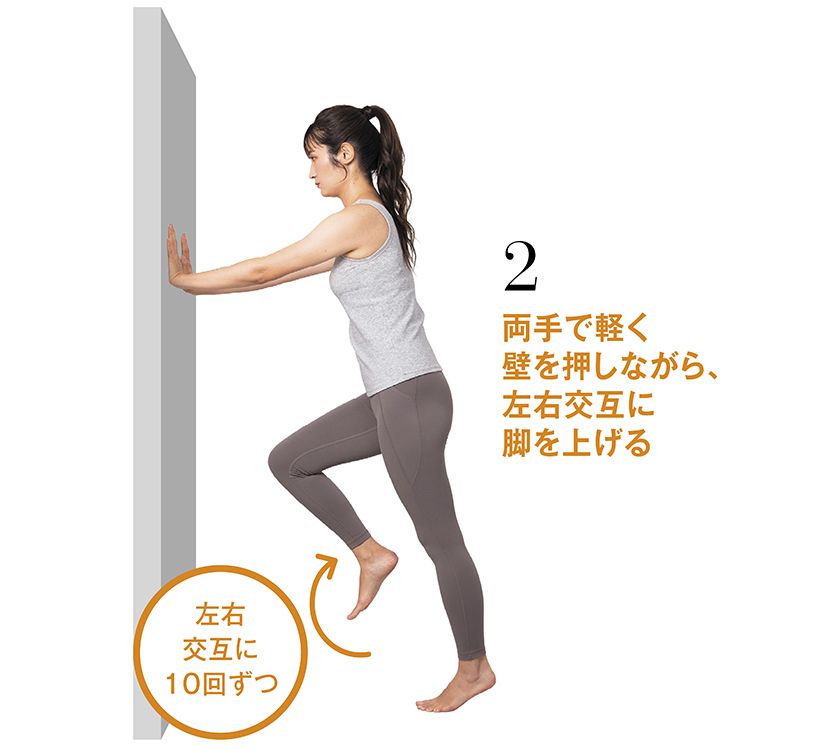 両手で壁を押しながら、片脚を股関節から持ち上げる。軸足は母趾球で床を押す。そのまま5秒キープし、反対の脚も同様に行う。左右交互に10回ずつくり返す。