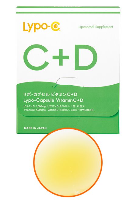 ビタミンCも一緒に摂りたい方に。1000mgのビタミンCと、2000IUのビタミンDが1包で摂れる。吸収率にこだわり、リポソームでCとDを包んだ液体サプリ。Lypo-CVitamin C＋D 11包入 3445円 （問）スピック　TEL：0120-663-337