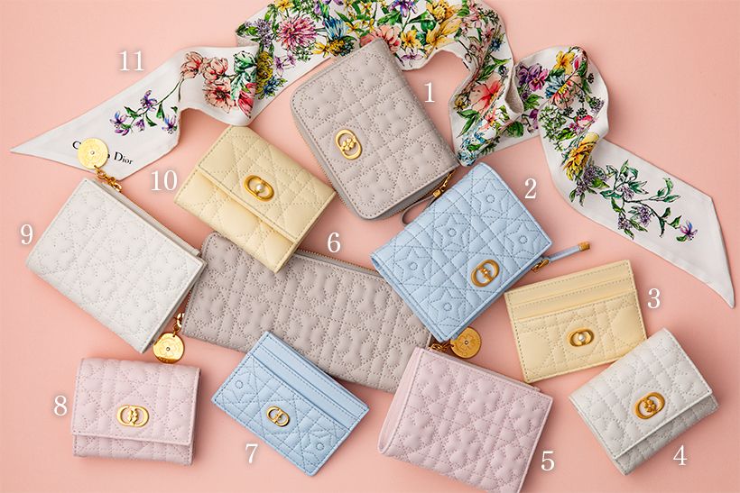 1：二つ折り財布13万円、2：二つ折り財布11万円、3：カードケース6万3000円、4：三つ折り財布11万円、5：二つ折り財布10万5000円、6：横長財布13万円、7：カードケース6万5000円、8：三つ折り財布11万円、9：二つ折り財布10万5000円、10：三つ折り財布9万9000円、11：ツイリー3万2000円／ディオール（クリスチャン ディオール）