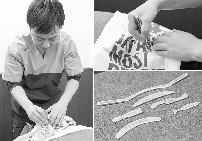 ひどい肩こりがめまいを誘発することも。髙橋先生は金属の特殊なヘラを使って筋膜や筋肉を緩める「ファシアスリックテクニック」も活用し、肩こりに対応。