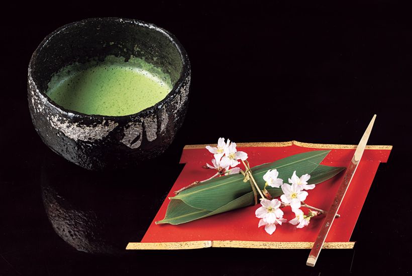 花筏に見立てた蓬餅。茶碗は、アンドシュ・プローデル作。