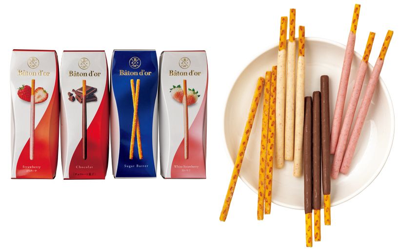 【Glico「バトンドール」】パッケージの写真右から「白いちご」700円、「シュガーバター」700円、「ショコラ」700円、期間限定の「とちあいか」756円。／住所：大阪市北区角田町8-7阪急うめだ本店 地下1階　電話：06（6361）1381（代表）