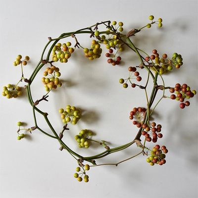 8月後半には赤く色付き始めたサンキライが出回りだします。緑からオレンジ色、そして赤への自然なグラデーションが楽しめるのがこの時期のサンキライの魅力です。つるに葉はついているのですが、このリースでは葉はすべて取り除き、実色を目立たせました。