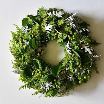 サンキライとクジャクヒバ、ダスティーミラー（シロタエギク）の緑鮮やかなリースです。クジャクヒバの繊細な葉とサンキライの大きな葉の対比からリズム感ある仕上がりに。サンキライの丸い実が入るだけでかわいらしい印象も感じられます。木のつるのリースベースを利用。