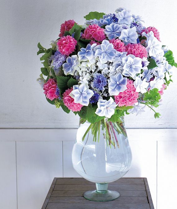 使用花材/アジサイの「銀河」と「茜雲」、ヤグルマギク、ゼラニウム。