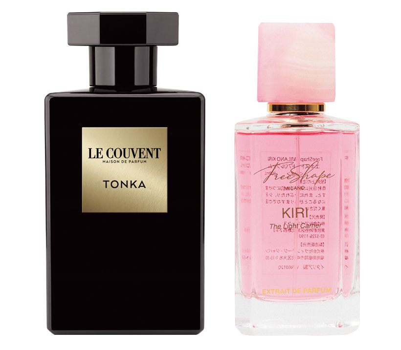 右・洋梨やラズベリーなどの甘やかでみずみずしいフルーティフローラル。フリーシェイプミラノ KIRI 100ミリリットル 3万6300円／アイネックス　左・キャンディやバニラの香りを放つ甘美なトンカ豆が魅惑的な調べを奏でます。シグネチャー トンカ 100ミリリットル 2万5300円／ル クヴォン メゾン ド パルファム