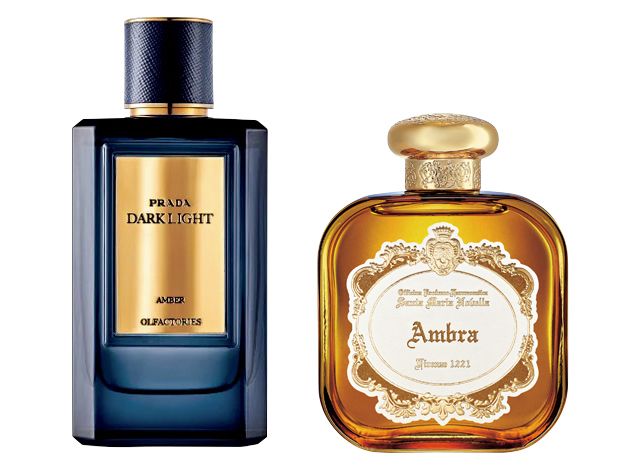 右・東洋の神秘性と柑橘が印象的に重なって。オードパルファム アンブラ100ミリリットル 4万1800円／サンタ・マリア・ノヴェッラ・ジャパン　左・焚き火の薫香が運ぶ優美なアンバー。プラダ オルファクトリー ダークライト アンバー オーデパルファム 100ミリリットル 5万3900円（一部店舗限定発売）／プラダ ビューティ