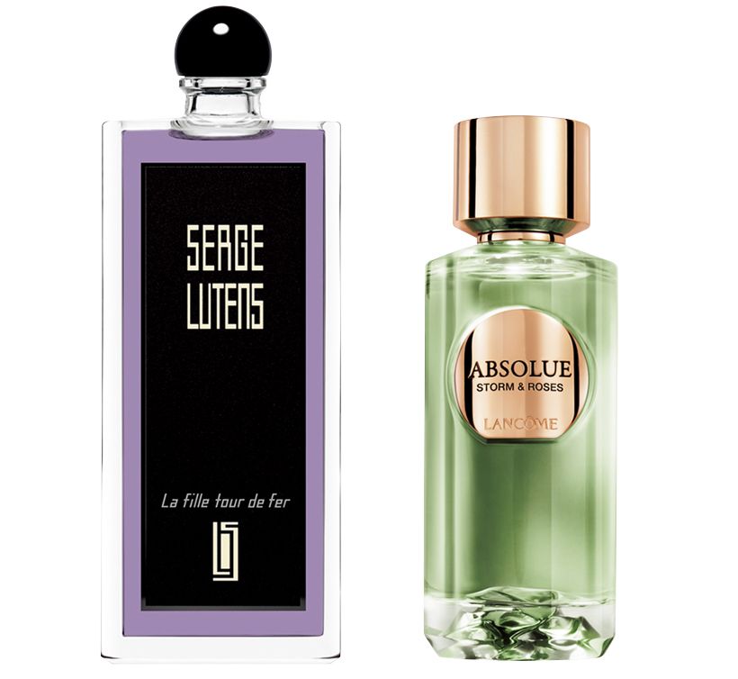右・ローズに捧げる11の香りが登場。こちらは嵐の湿潤な空気を想起させるローズとカシスの香り。アプソリュ レ パルファンストーム アンド ローズ 100ミリリットル 3万9600円／ランコム　左・ローズガーデンにピンクペッパーをきかせて。セルジュ・ルタンス ラフィーユトゥールドゥフェール 100ミリリットル3万256円／ザ・ギンザ