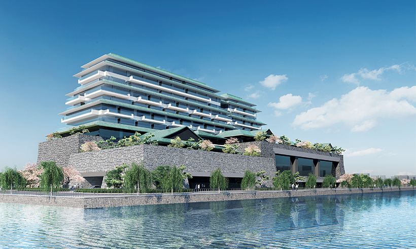 岐阜県恵那市の重厚な石を使った石積み、白壁と緑青色の屋根が印象的な外観。入母屋造りの屋根は名古屋城の天守閣と調和するようにデザインされた。※写真はイメージです。