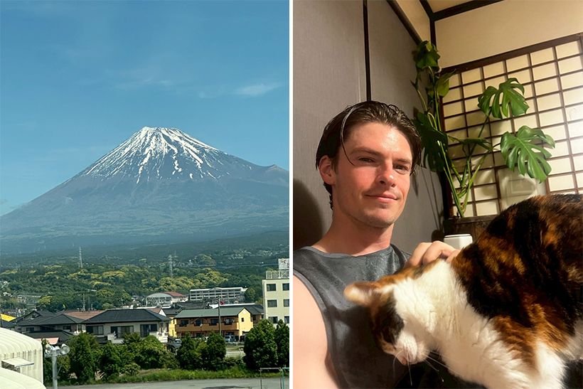 左・「新幹線から眺めた富士山の雪もずいぶん溶け、夏が近づいているのを感じます」と村雨さん。右・梅雨寒を迎え、お風呂上がりに甘えてくるメちゃんとのプライベートショット。