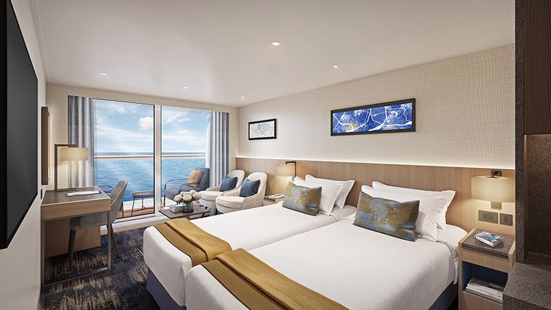 全客室がプライベートバルコニー付き。上は最も客室数の多い「アスカバルコニー」。