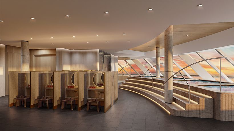 針路を望みながら入浴できる「グランドスパ（展望大浴場）」。