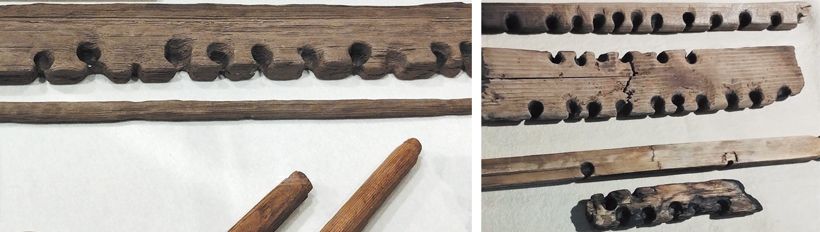 古代（きりもみ式）の火鑽杵（ひきりぎね）と火鑽臼（ひきりうす）（新潟県埋蔵文化財センター）。