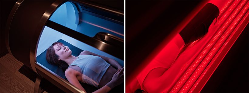 左が高気圧酸素&水素セラピー、右がLED フルボディートリートメント。