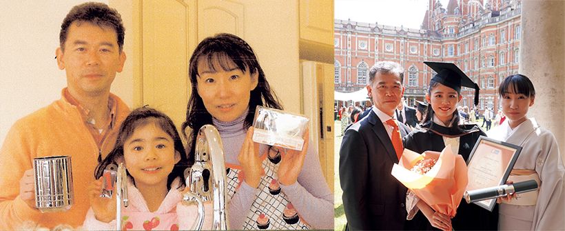 左・支援地域のチャイルドへの手紙に添えた、家族で誕生日ケーキを作ったその頃の直近の写真。右・お嬢様の大学の卒業式で撮影した家族写真。卒業を記念した支援プロジェクトが進行している。