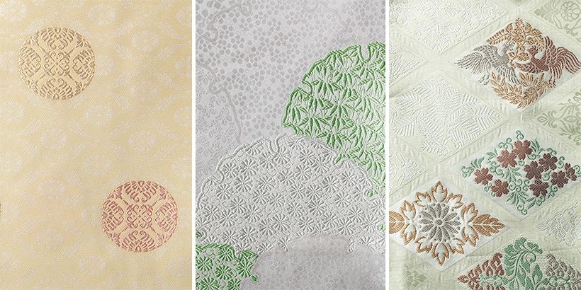 祝 い文様部分は右から鳳凰、羊し 歯だ 、 桜、菊の菱文の唐織。雪輪取りに 細かな竹、菊が配された唐織。有ゆう 職そく文様の浮ふ 線せん綾りょう文もんの紋御召。