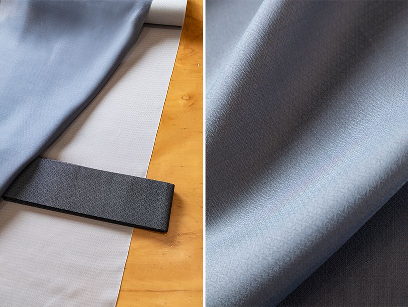 右、左・「銀座もとじ」オリジナルで織られた、紋意匠のような地紋が奥ゆかしい光沢を放って。