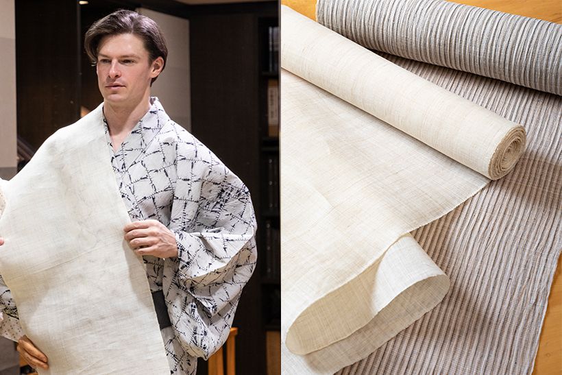 左・「いつかは手にしたい！」と憧れている越後上布。左右・縞のきものは、越後上布と並び重要無形文化財に指定されている小千谷縮。