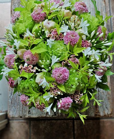 シャクヤクやスカビオサのピンクの中に、アガパンサス‘ジューンブライド’の白い星を散らしたアレンジです。アガパンサスは星形の花とすっとした蕾の両方が見え、アレンジの表情に変化を生んでくれます。シャクヤクは‘桃白妙’、スカビオサは‘フリフリサクラ’を使用。ほかにケイトウ‘プチフルーツマーメイドピンク’、リシアンサス‘アンバーダブルモヒート’、テマリシモツケ‘ルテウス’などを使用。