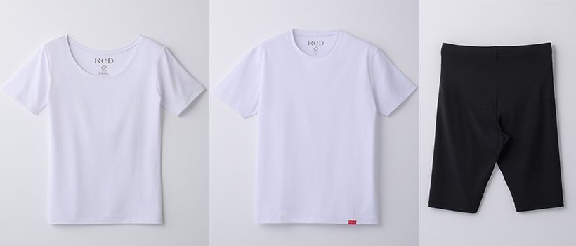 左からUネックインナー半袖、クルーネック半袖、オーバーパンツ（すべてウィメンズ）。