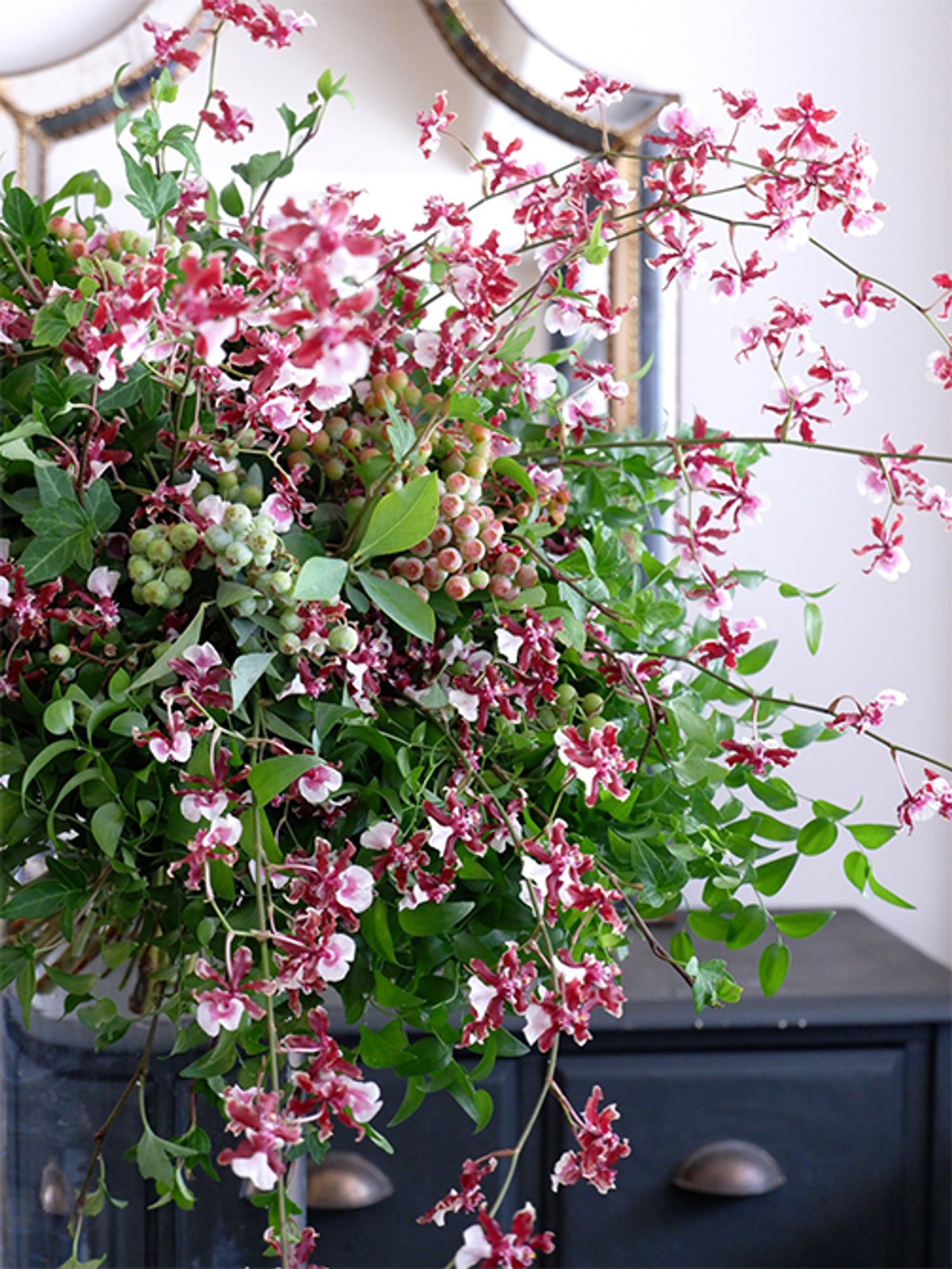 市場のイベント用に制作した贈り花。全体の姿はトップの画像をご覧いただくとし、ここではアップでぐるぐる巻いて加えたスマイラックスのボリューム感にご注目ください。葉が小さめで葉色も優しいので、ボリュームを出しても軽やかな印象になります。花はオンシジウム‘シェリーベイビーレッドリップ’にし、「南原農園」さんのアップライトアイビー‘シャムロック’とブルーベリーを加え、グリーンいっぱいのみずみずしいブーケに仕上げました。‘シャムロック’は、‘ピッツバーグ’に比べると葉形がややスマートなのが特長。