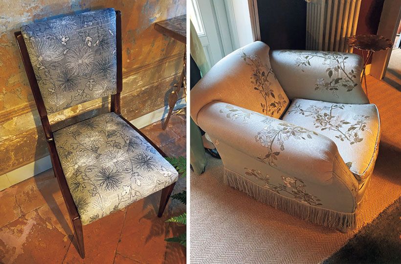 ミラノデザインウィークで展示された家具。ディモーレスタジオのディレクションによりアンティークの椅子に張り込まれた。