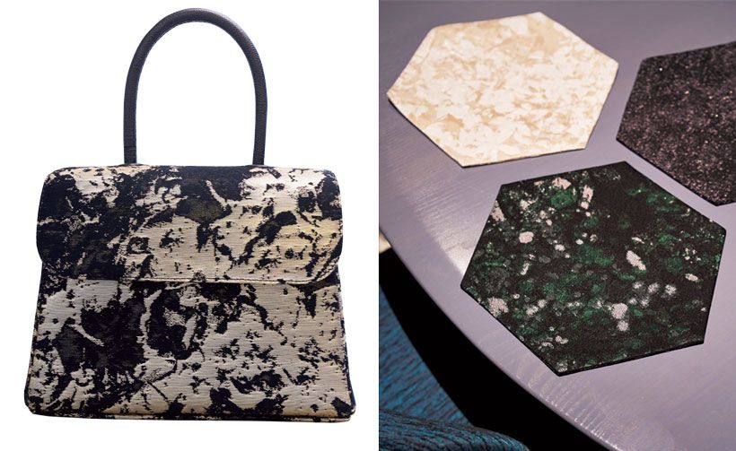 右・HOSOO FLAGSHIP STOREでは小物も充実。六角形のスタイリング・マット 各1万4300円。左・KIMO NO BAG33万円。