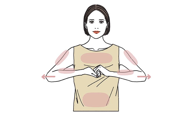 両手の親指以外の4本の指を胸の前で組み、外側に7秒間引っ張る。このとき、腕、胸、背中、お腹を意識する。