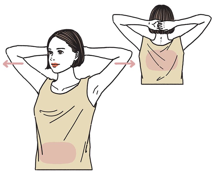 両手の親指以外の4本の指を頭の後ろで組み、外側に7秒間引っ張る。このとき、背中、お腹を意識する。