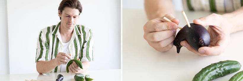 「胡瓜は、どちらを頭にしようかな」と、シルエットを吟味。