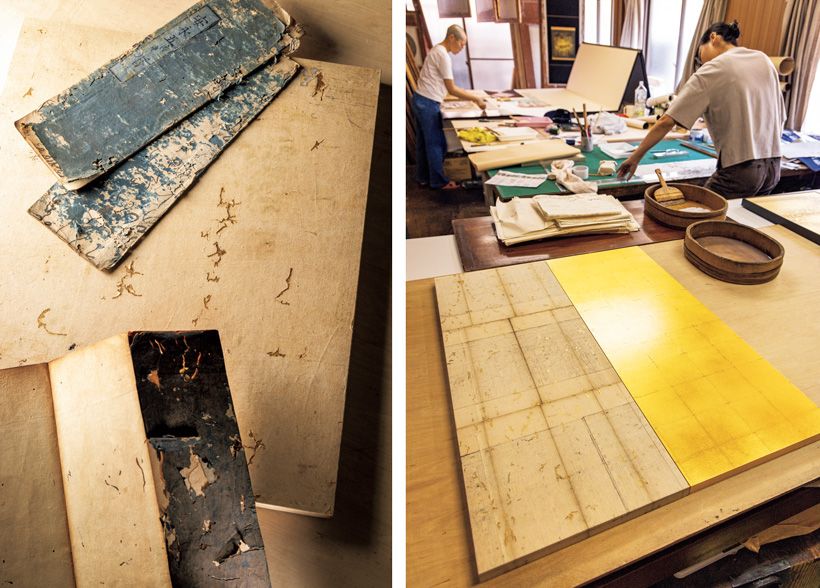 紙魚（しみ）（という虫）に食われた古書を素材にした二幅対の作品。「普段はこの穴を塞ぐのが僕らの役目ですが、作品では金を下貼りして目立たせています」。