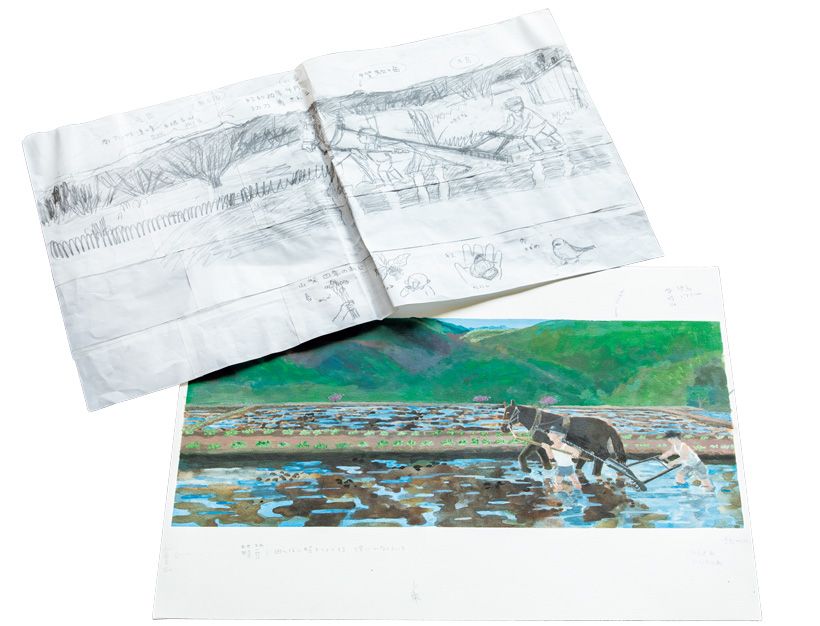 ラフ画（上）と完成した原画。記憶の風景の構図を決めるために何度も見てもらい完成に近づけていく。