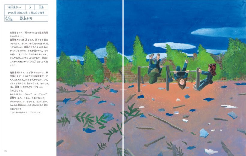 絵本より。「逆上がり」。広島の原爆投下直後、逃げる途中で鉄棒を見つけ、嬉しくなって遊ぶ子どもたち。