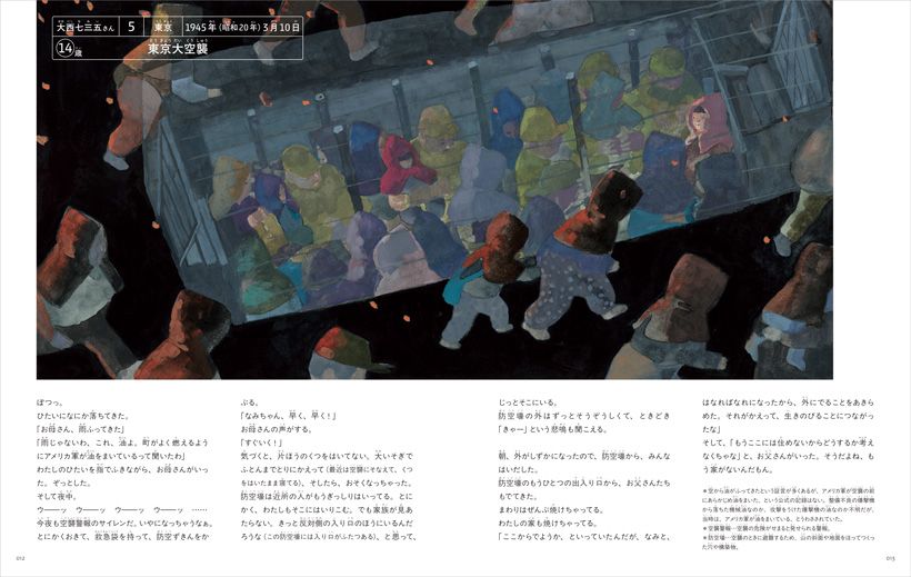 絵本より。「東京大空襲」。防空壕から出たら自分の家が焼けていた。