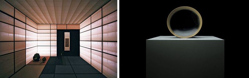 2024年、パリのショールーム「La Main」にて展覧会を開催。左・「HOSOO」の現代的な茶室を展示。右・「中川木工芸 比良工房」の金魚鉢。