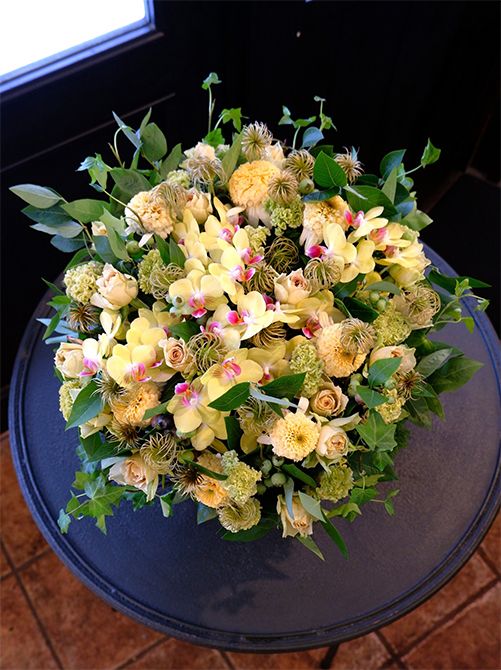ファレノプシス‘イエローハピネス’、エキナセア‘レモンドロップ’、バラ‘リテラチュール’、そしてケイトウ‘プティフルーツ フェアリードリュアス’を使い、くるくる巻きのクレマチスシードを加えたアレンジです。あしらいにアップライトアイビー‘シャムロック’、ブルーベリーなどを利用。じつはこのアレンジは、かわいがっていたペットのトカゲちゃんを亡くしたお友達への慰めの花。フトアゴヒゲトカゲと聞き、その色合いで作りました。