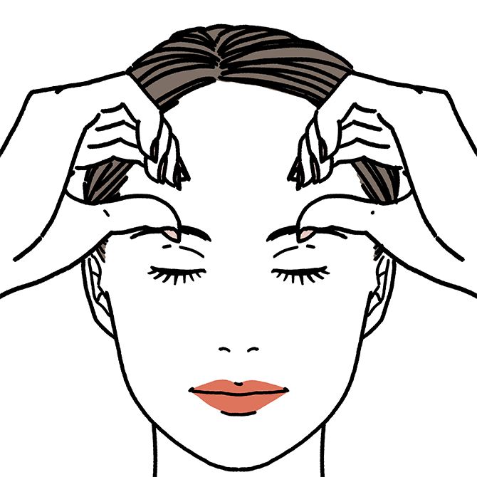 ①	親指を眼球と眼窩の上側のすき間に押し入れる。グッと押しながら指を左右に移動して、眼窩の上側全体を30秒ほどマッサージする。