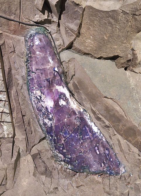 レストランの入り口で門馬さんの目を引いたのは、岩から掘り出す前のジオード。「この内側に空洞があって、アメシストの結晶が一面についているはずです」。