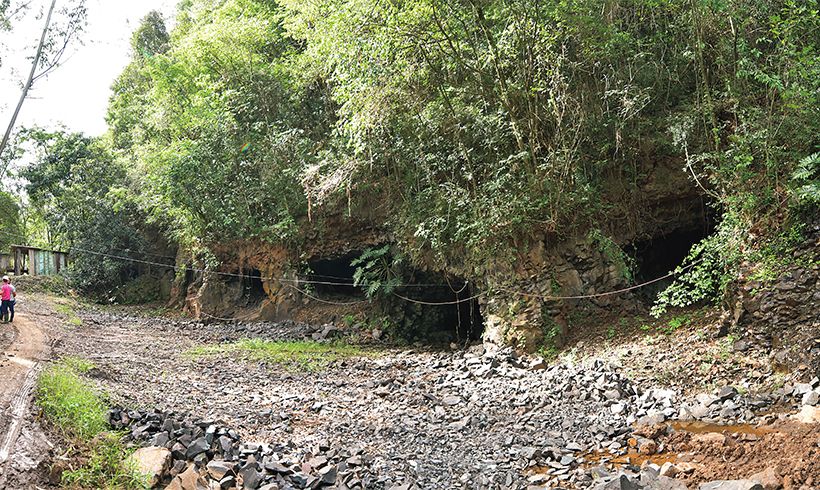 緑に覆われた横穴はすべて採掘が終わった鉱山の入り口。門馬さんは向かい側にあった“現役”の穴に入り、採掘現場を見学した。